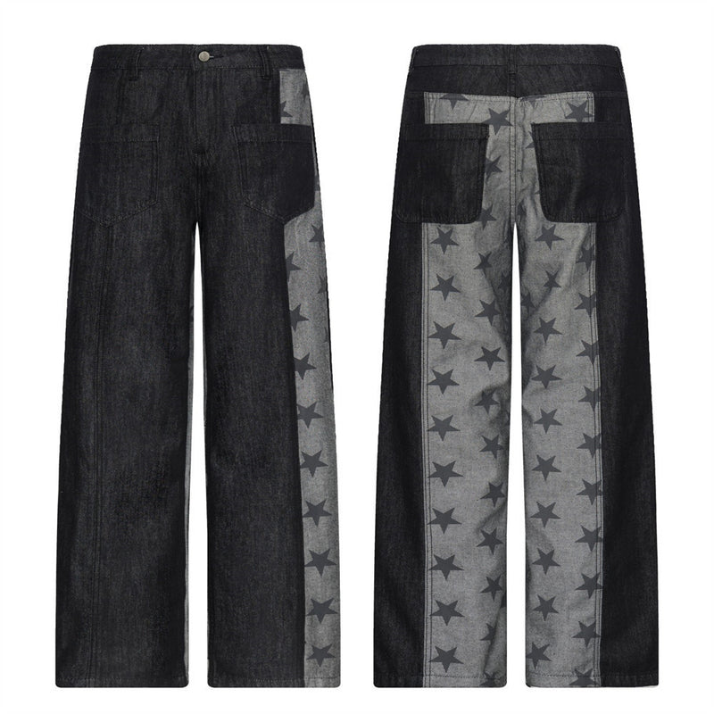 Black Baggy Jeans Men Star Print Patchwork Wide-Leg Denim Pants
