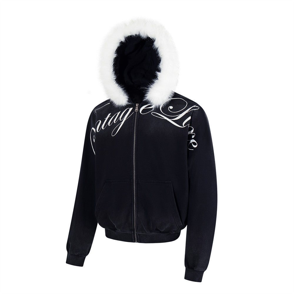SEAKOFF Men's Cropped Zip-Up Hoodie | Black Script Graphic