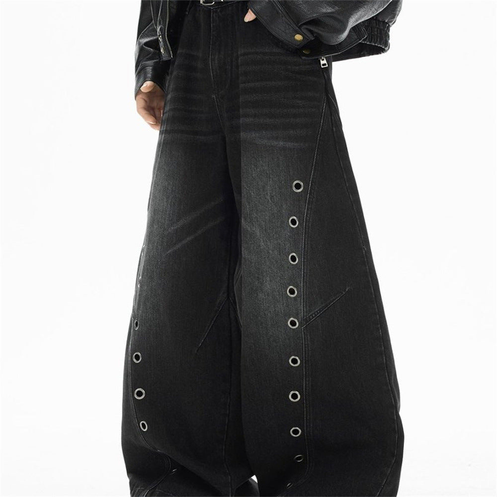 Men's Punk Wide-Leg Jeans with Metal Eyelet Detail – Deconstructed Baggy Denim