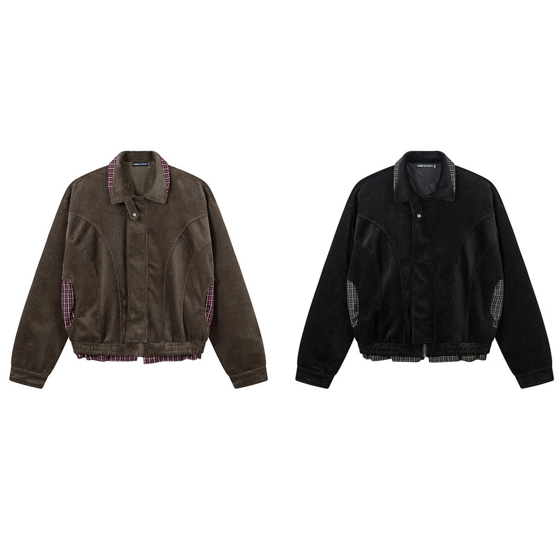 Corduroy Boxy Jacket with Plaid Contrast Lining – Retro American Style