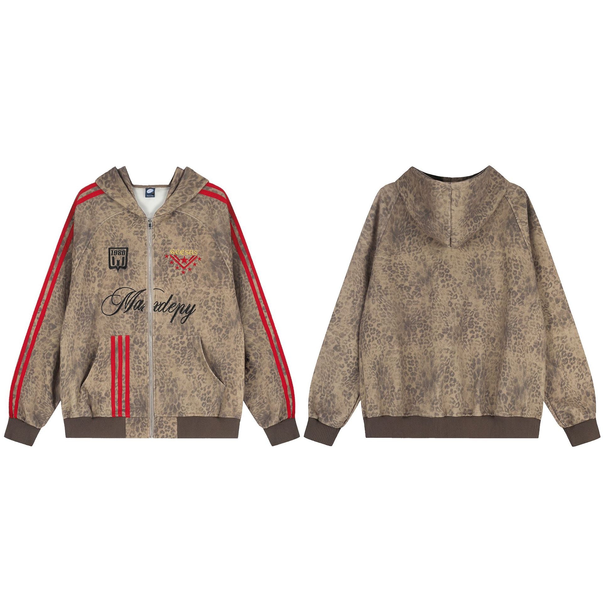 Hoodie-Jacke mit Reißverschluss, Leopardenprint und roten Seitenstreifen