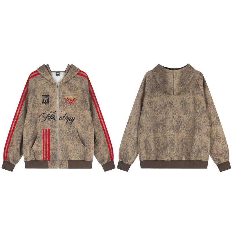 Hoodie-Jacke mit Reißverschluss, Leopardenprint und roten Seitenstreifen