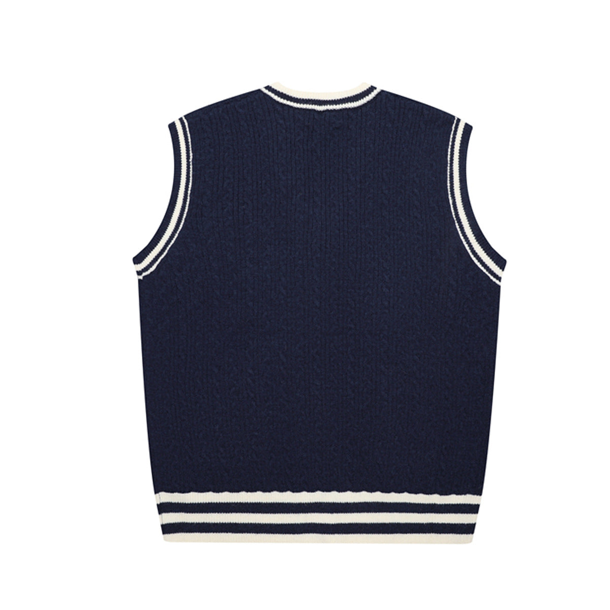 V-Neck Cable Knit Sweater Vest with Music Note Embroidery & Striped Tie Detail