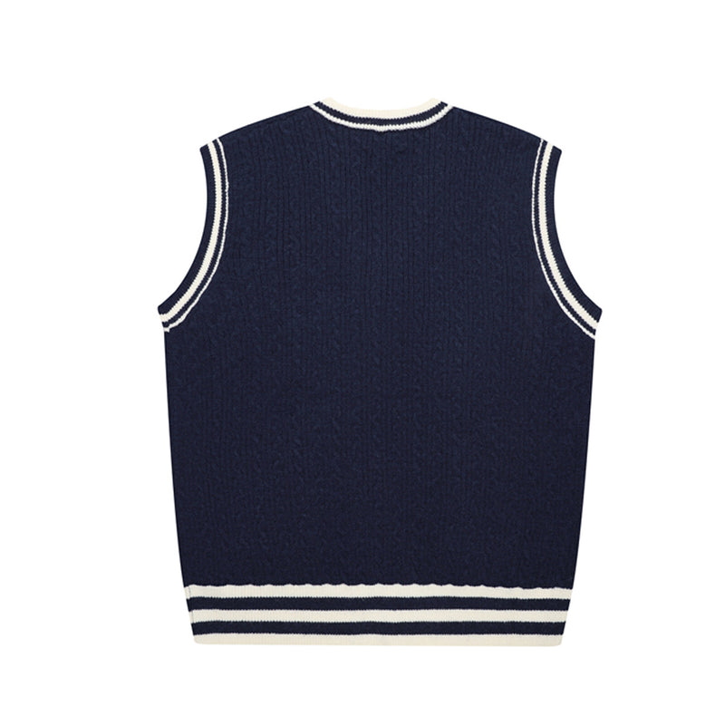 V-Neck Cable Knit Sweater Vest with Music Note Embroidery & Striped Tie Detail