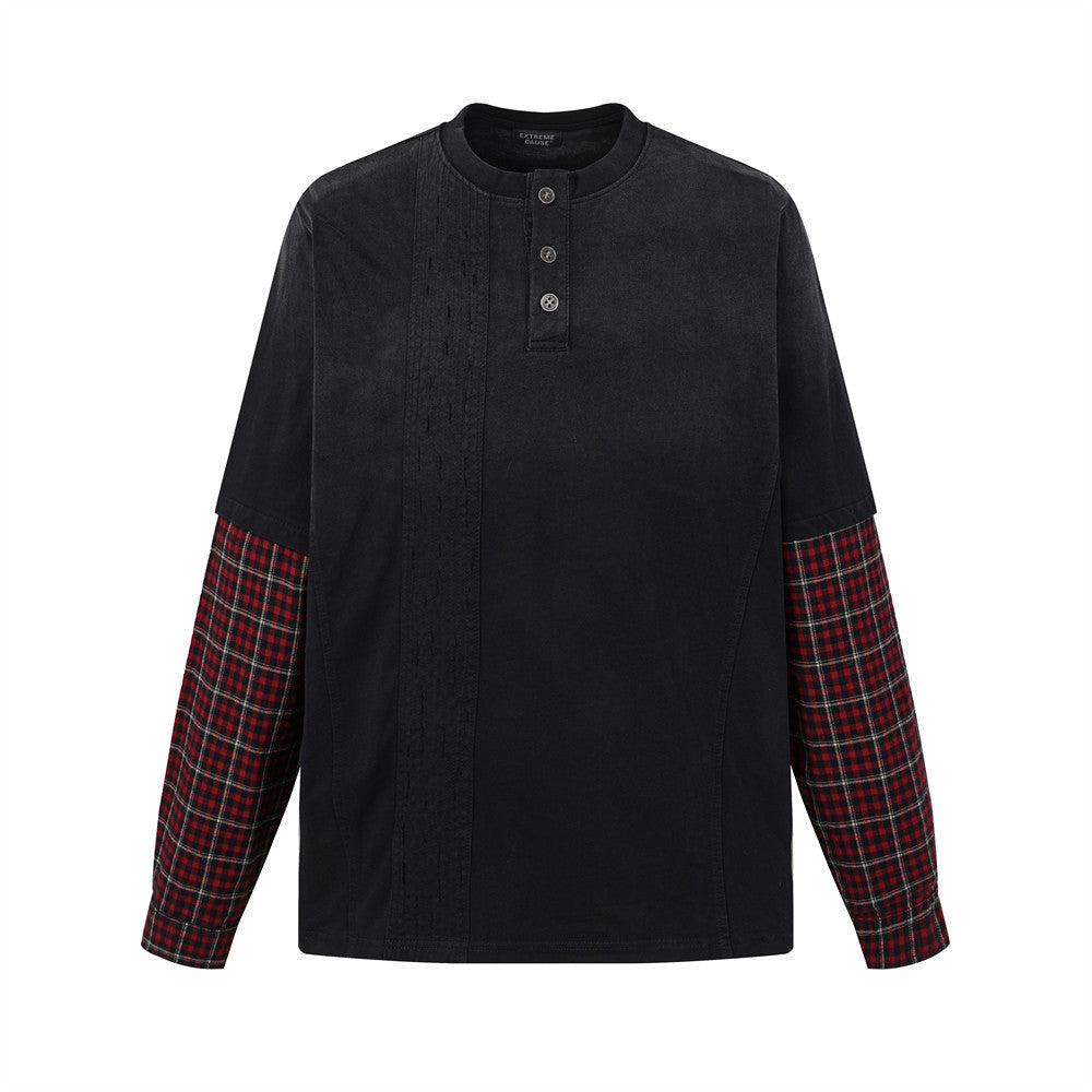 Chemise Henley manches longues patchwork à carreaux pour homme – Délavée et usée, façon