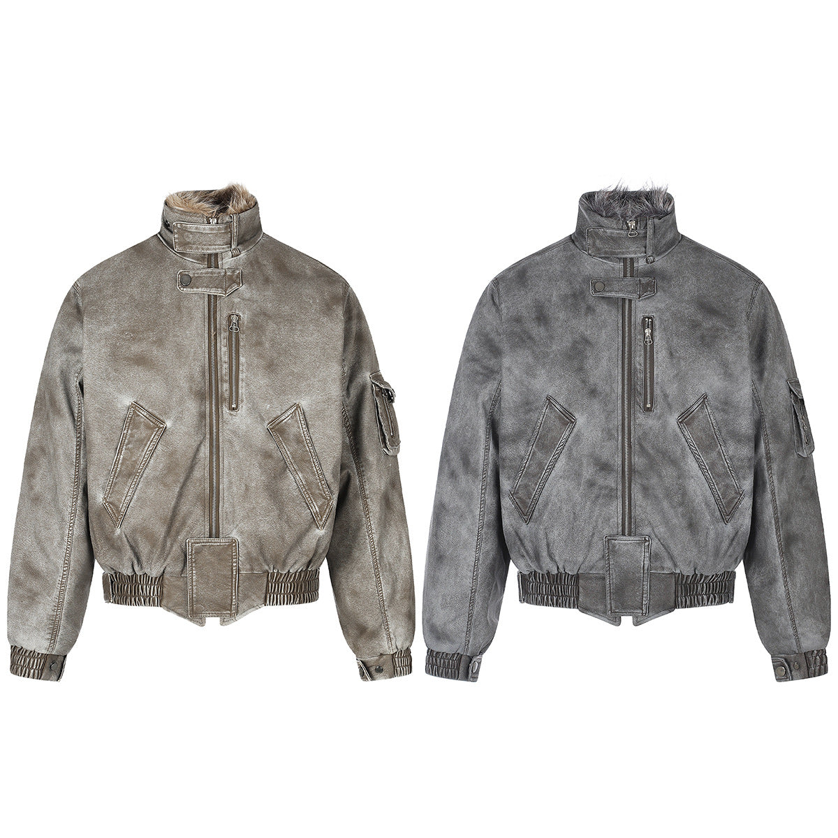Vintage Washed Bomber Jacket with Faux Fur Collar — Oversized Padded Flight