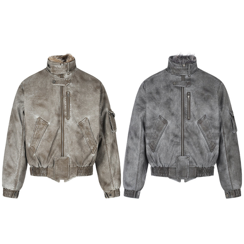 Vintage Washed Bomber Jacket with Faux Fur Collar — Oversized Padded Flight
