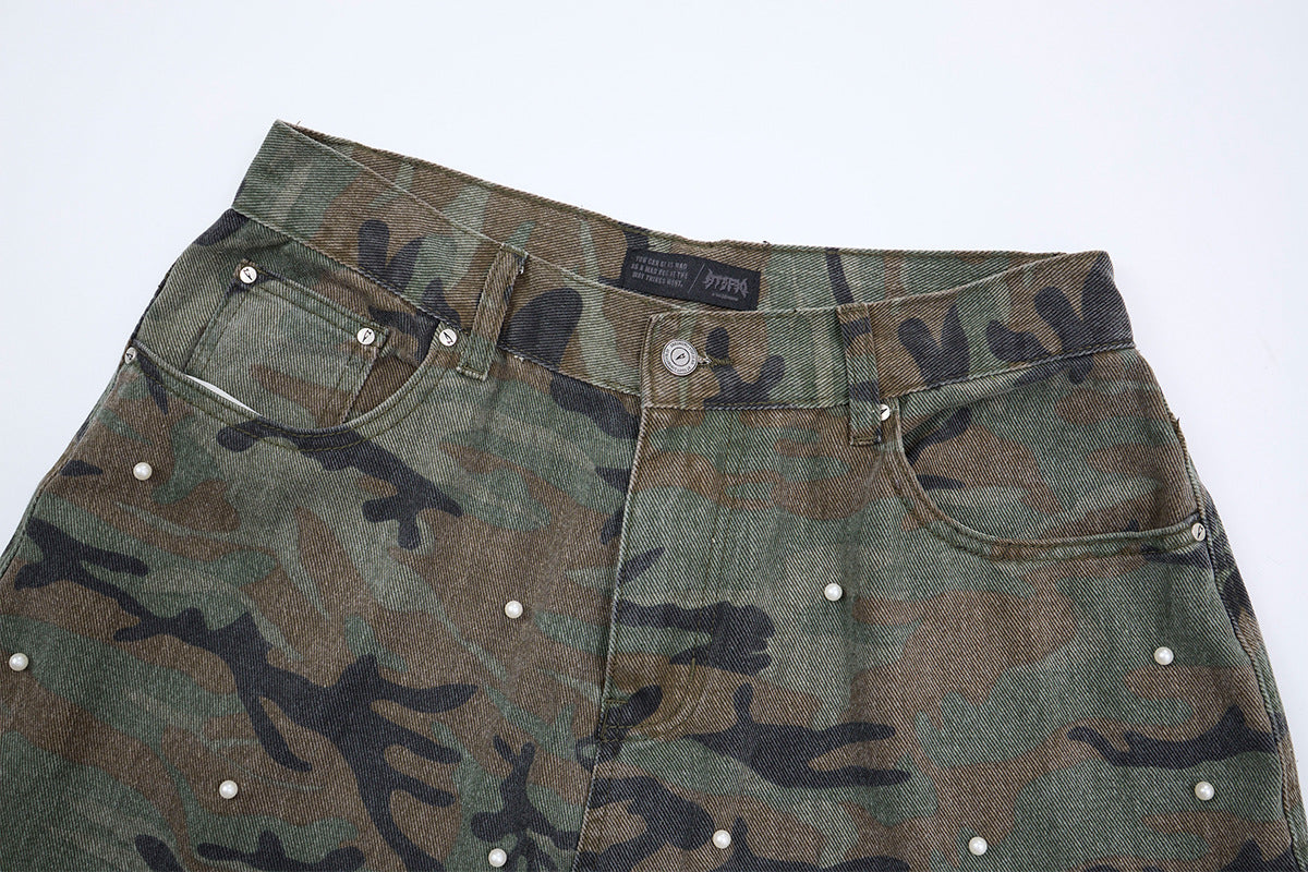 Camo Pearl Stud Cargo Pants – Wide-Leg Washed Denim Camouflage Trousers