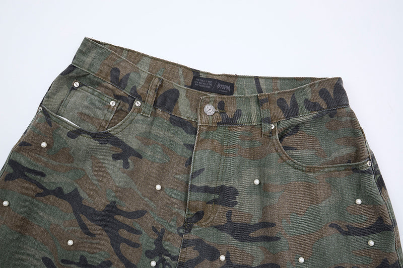 Camo Pearl Stud Cargo Pants – Wide-Leg Washed Denim Camouflage Trousers
