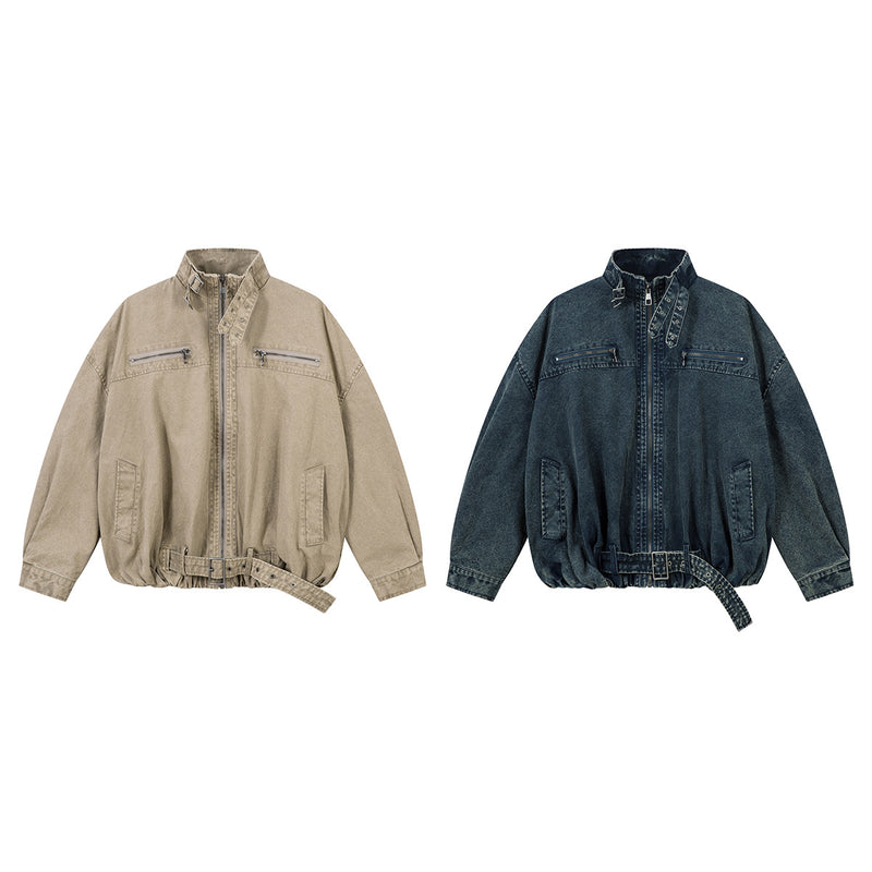 Oversized Washed Denim Jacket – Boxy Belted Hem, Acid-Wash Workwear Style