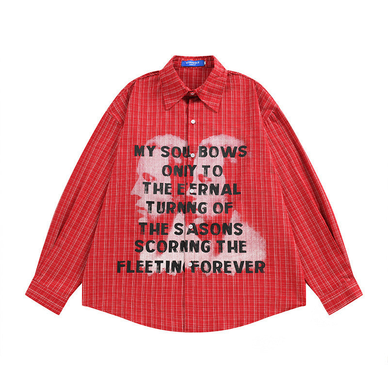 Plaid Long Sleeve Shirt with Portrait Graphic Print – Oversized Fit