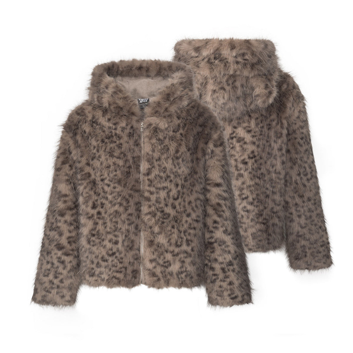 Leopard Print Faux Fur Hooded Jacket – Zip-Up Winter Coat