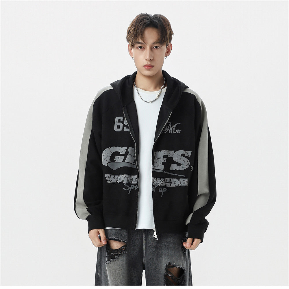 GLFS Colorblock Oversized Zip Up Hoodie – Distressed Letter Print, Dual Zipper