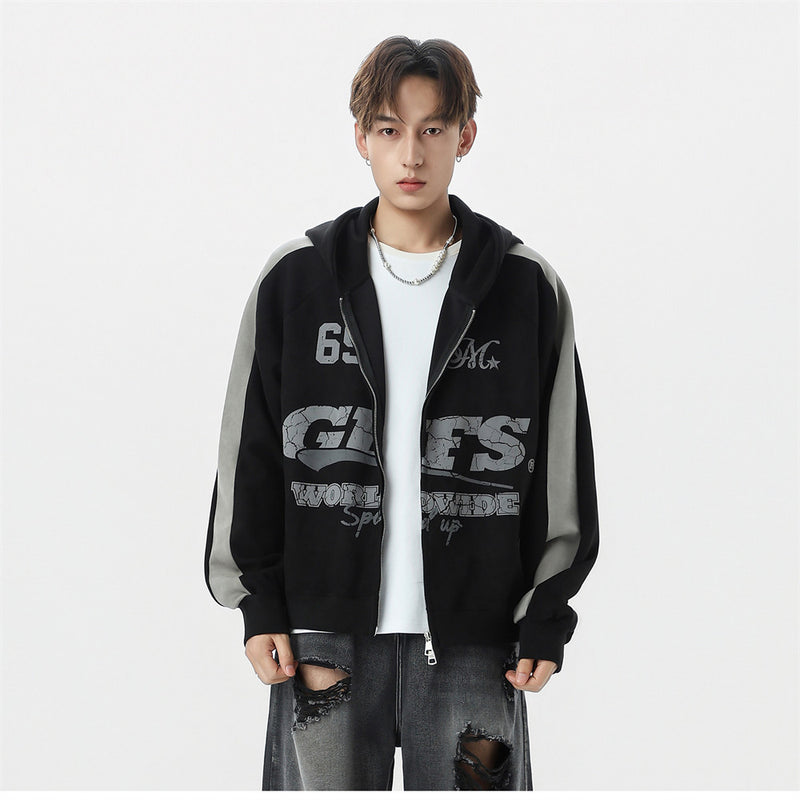 GLFS Colorblock Oversized Zip Up Hoodie – Distressed Letter Print, Dual Zipper