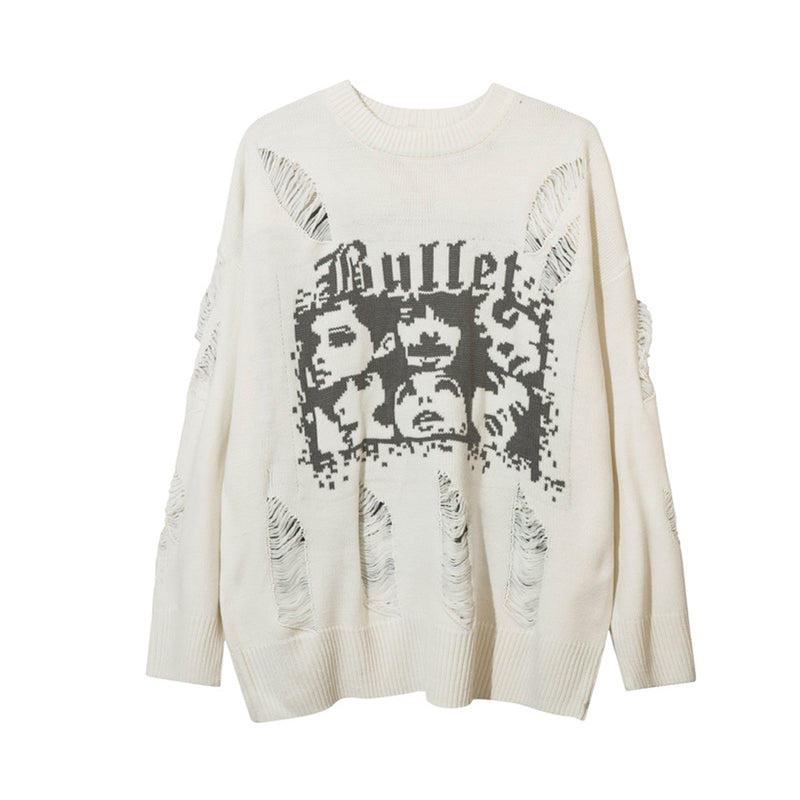 Distressed Knit Sweater with Face Graphic Print and Fringe Holes – American