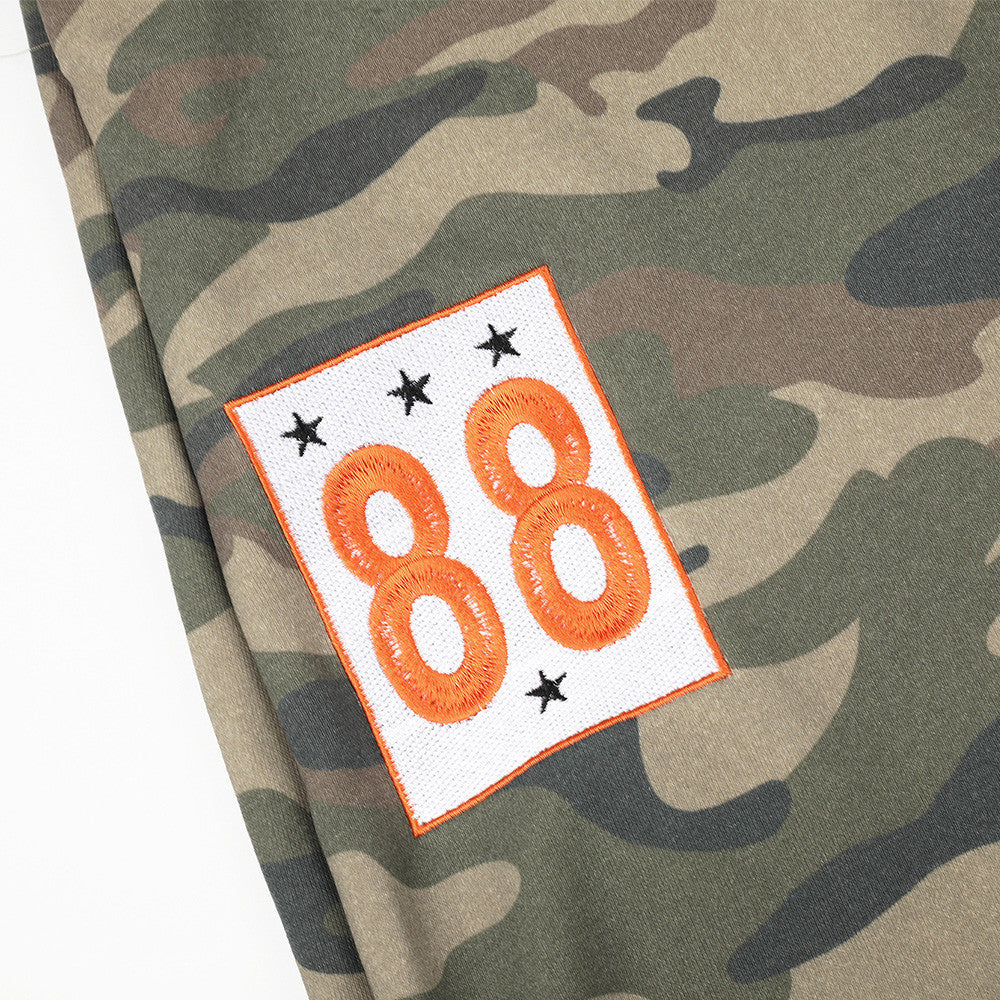 Camo Wide-Leg Sweatpants with Colorblock Orange Waistband and Patches