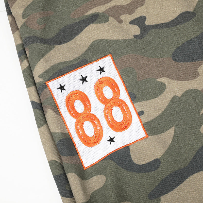 Camo Wide-Leg Sweatpants with Colorblock Orange Waistband and Patches