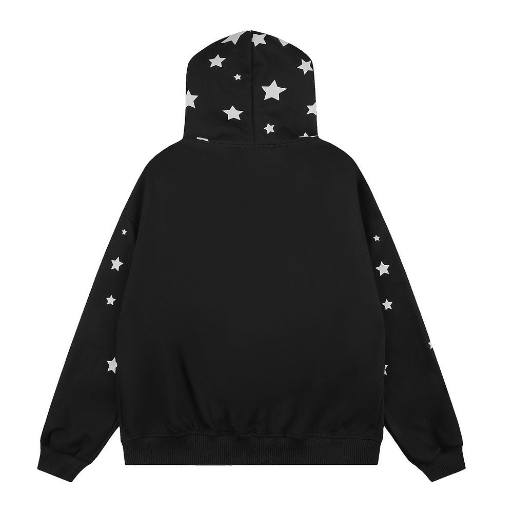 Hoodie mit Sternenprint, Reißverschluss und Kunstfellkapuze – Oversize-Streetwear-Cardigan