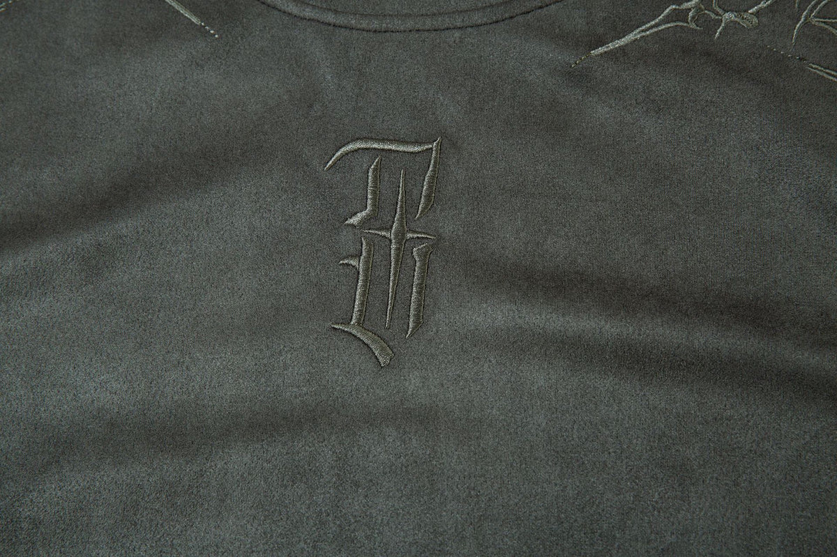 Men's Oversized Suede-Finish Thorn Embroidery Short Sleeve T-Shirt