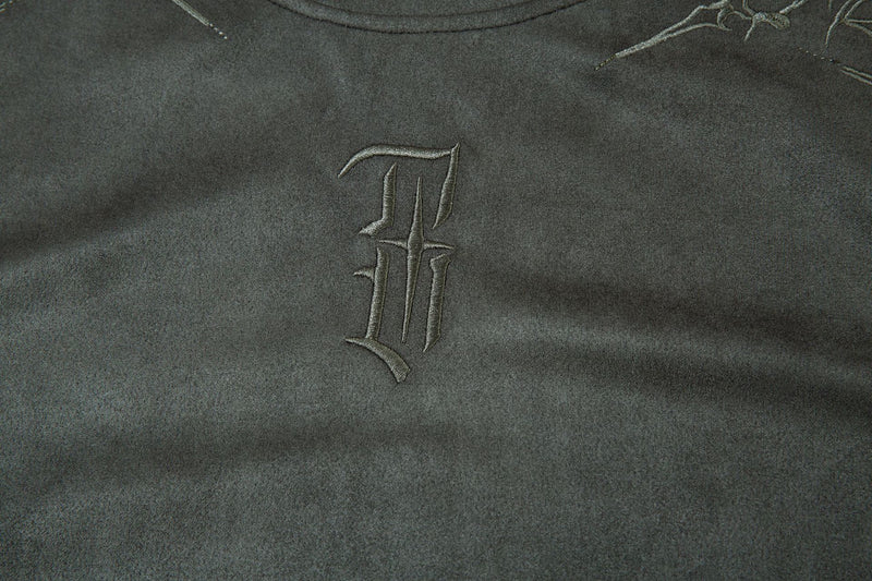 Men's Oversized Suede-Finish Thorn Embroidery Short Sleeve T-Shirt