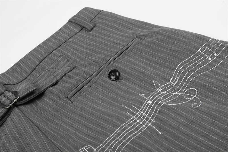 Pinstripe Wide-Leg Trousers with Music Note Embroidery