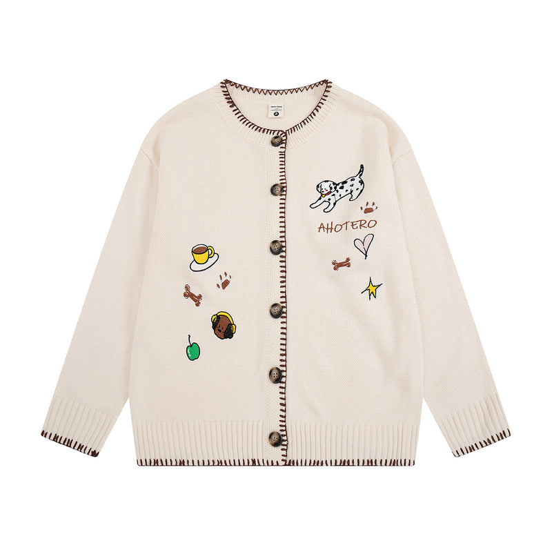 Gilet en maille brodé de motifs cartoon – Chien dalmatien boutonné