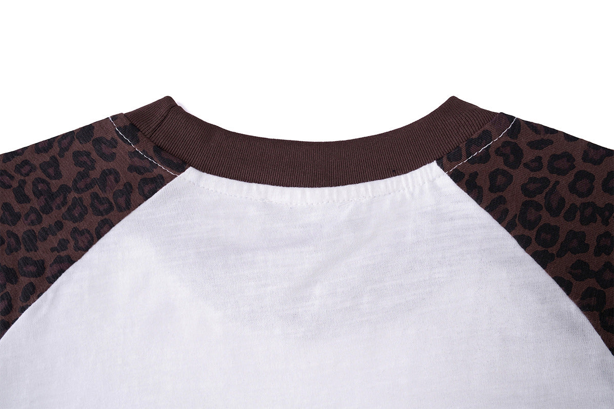 Langarm-Raglan-T-Shirt mit Leopardenprint – Iron-Cross-Stern-Print, Weiß &
