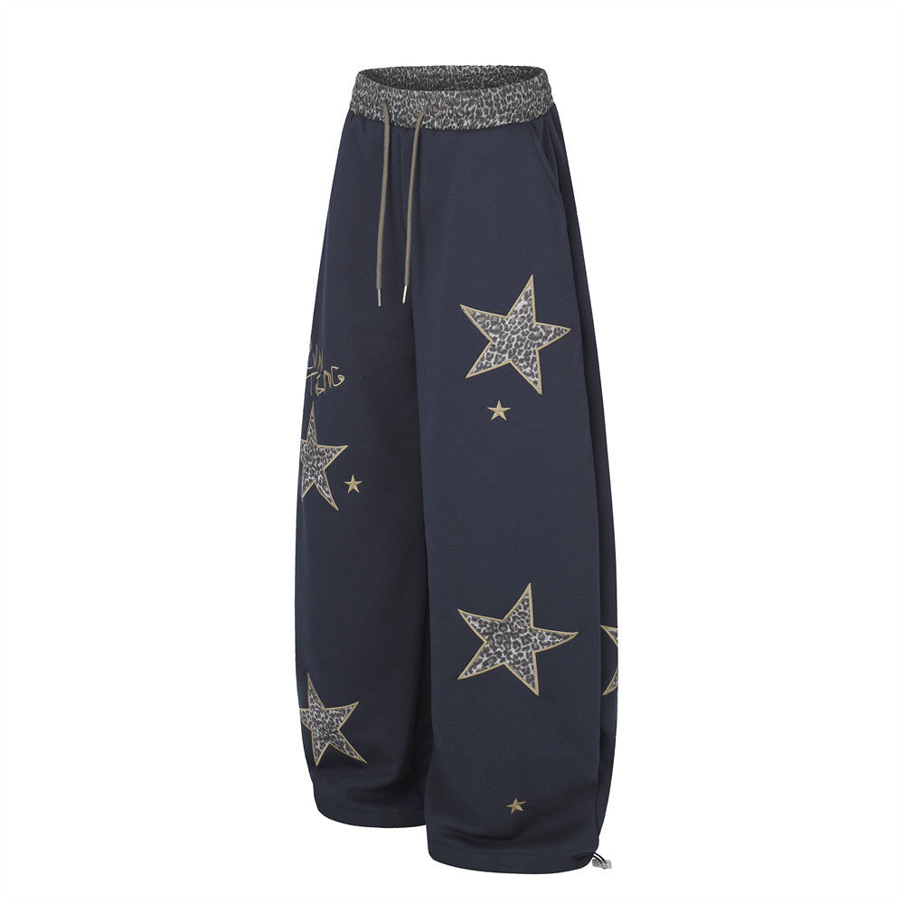 Wide Leg Star Patch Sweatpants with Leopard Print Waistband