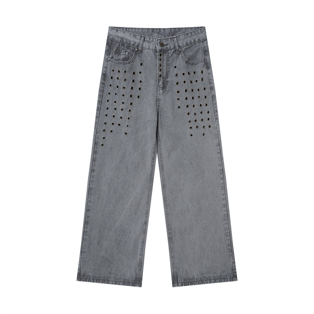 Washed grey straight-leg jeans with metal eyelets on the front and wide baggy legs