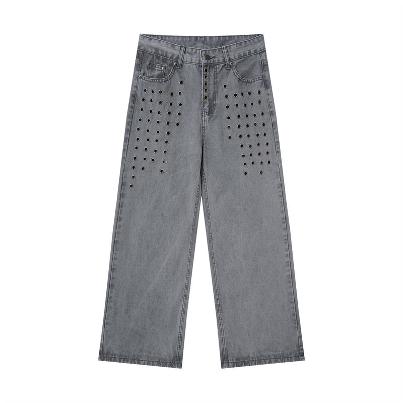Washed grey straight-leg jeans with metal eyelets on the front and wide baggy legs