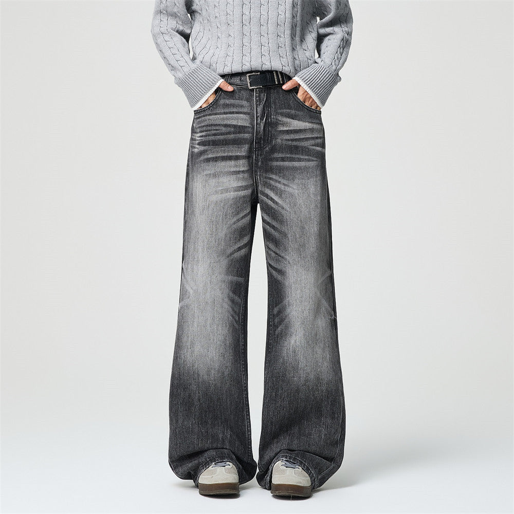Men's wide-leg washed grey vintage baggy jeans with distressed hem and whisker fading, front and back view