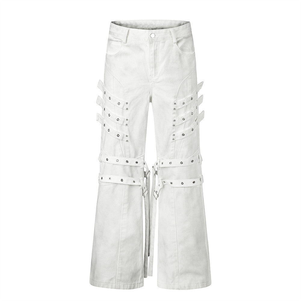 Men's Bell Bottom Jeans with Gothic Harness Straps, Metal Eyelets & Ribbon