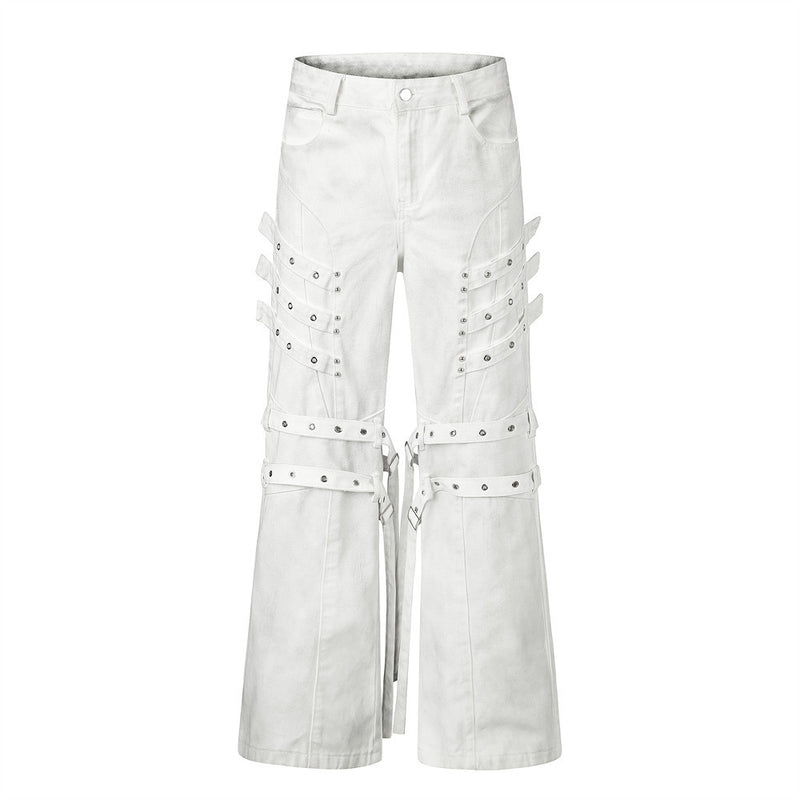 Men's Bell Bottom Jeans with Gothic Harness Straps, Metal Eyelets & Ribbon