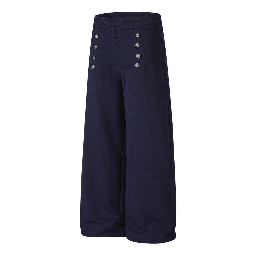 Wide-Leg Sweatpants with Double-Breasted Metal Buttons & Elastic Waist