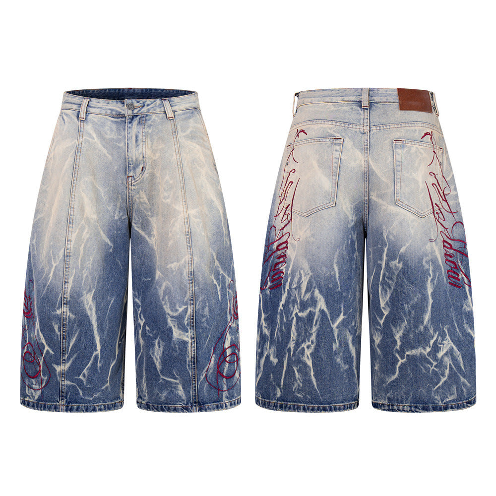 Tie-Dye Washed Denim Shorts – Wide-Leg Embroidered Vintage Punk Style