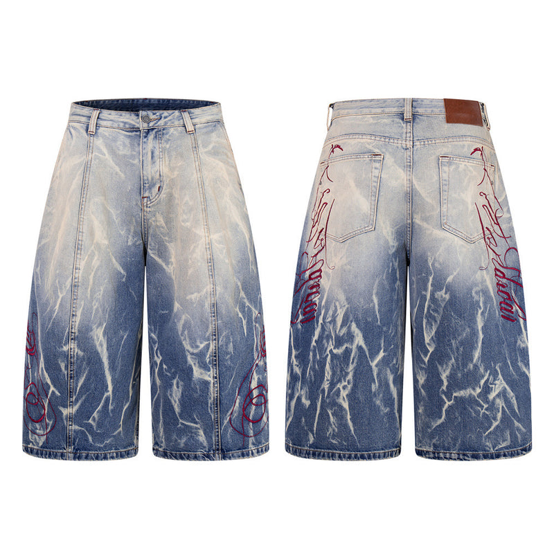 Tie-Dye Washed Denim Shorts – Wide-Leg Embroidered Vintage Punk Style