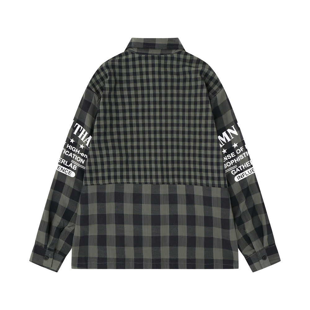 Men's Plaid Long-Sleeve Shirt – Oversized Fit with Graphic Sleeve Print