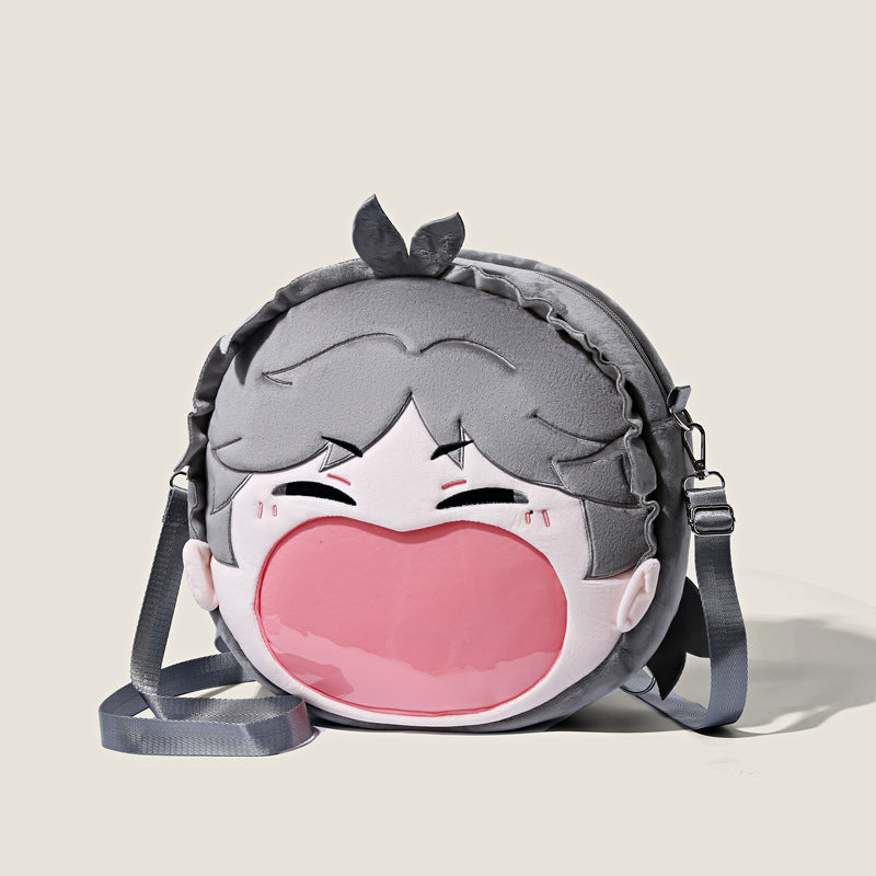 The Seakoff Haikyuu!! Kageyama Tobio Plush Shoulder Bag features a playful anime design with gray hair, closed eyes, and an open mouth. It has adjustable straps, a zip closure, and a fun transparent mouth pocket, making it ideal for any cosplay accessory collection.