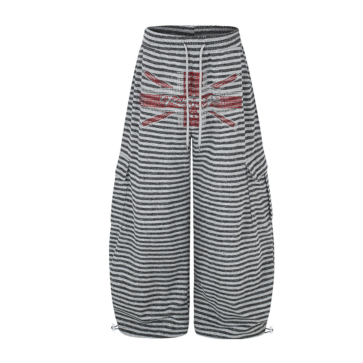 Wide-leg grey striped sweatpants with Union Jack rhinestone embellishment, drawstring waist, and side cargo pockets