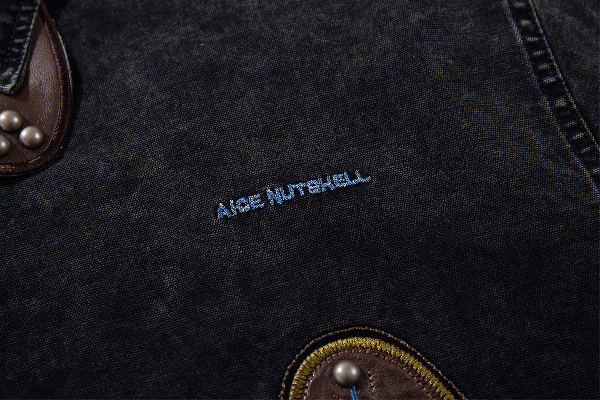 Acid Wash Denim Overshirt with Leather Patch Pockets & Snap Buttons