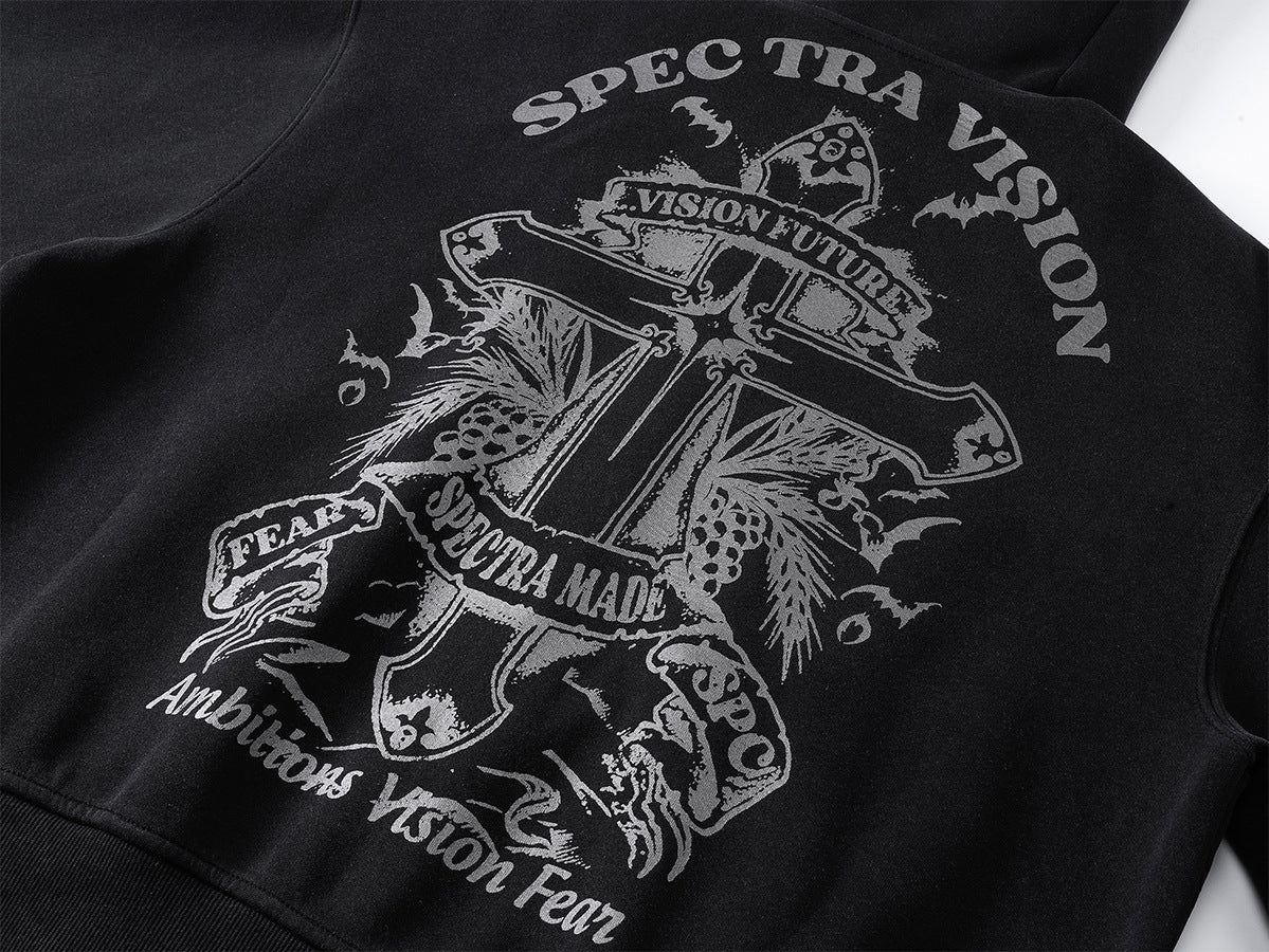 Zip-Hoodie mit Kapuze mit Teufelsohren – Gothic-Kreuz-Graphic-Sweatshirt im Streetwear-Stil
