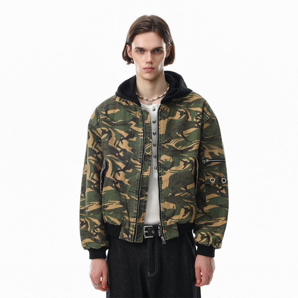 Camo Hooded Bomber Jacket – Men's Oversized Padded Flight Coat