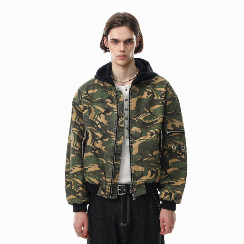 Camo Hooded Bomber Jacket – Men's Oversized Padded Flight Coat