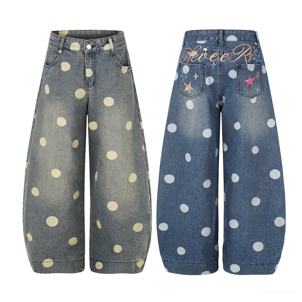 Baggy Mid Rise Jeans Wide-Leg Polka Dot Y2K Denim Pants
