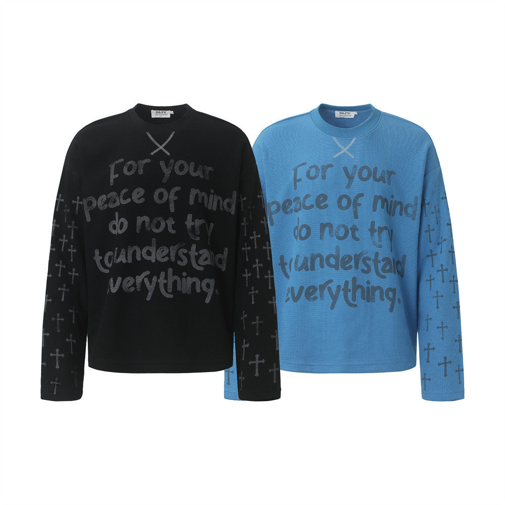 Cross Print Waffle Knit Long Sleeve Crew Neck Tee – Oversized Streetwear Graphic