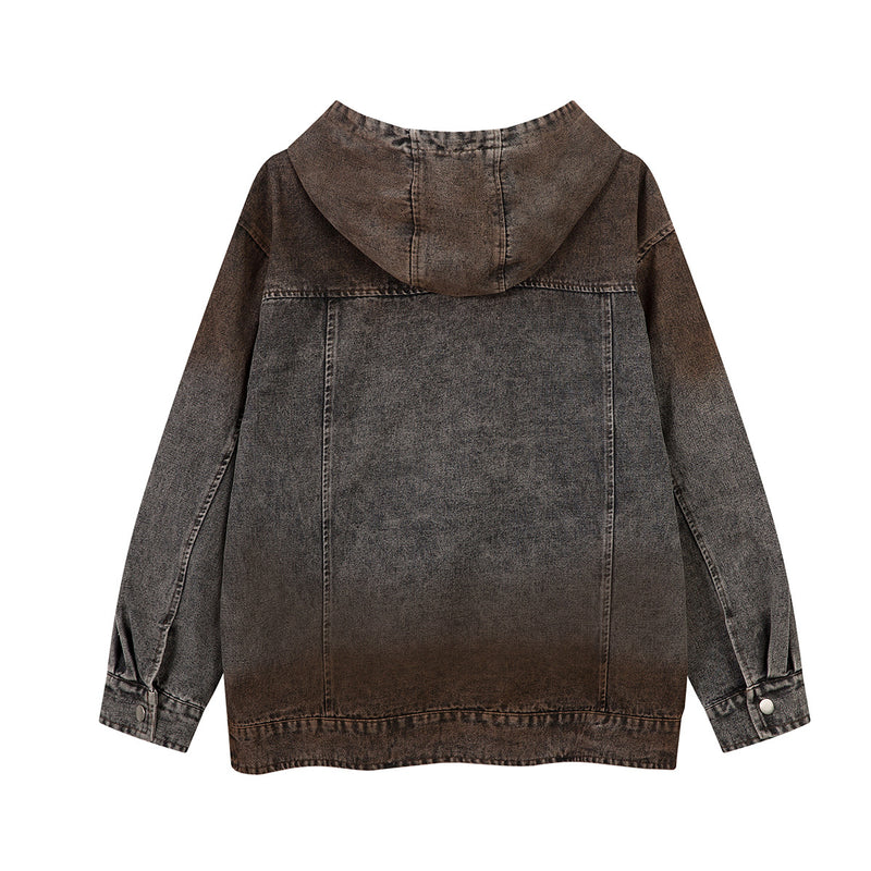Washed Denim Hoodie Jacket – Boxy Fit with Embroidered Appliqué