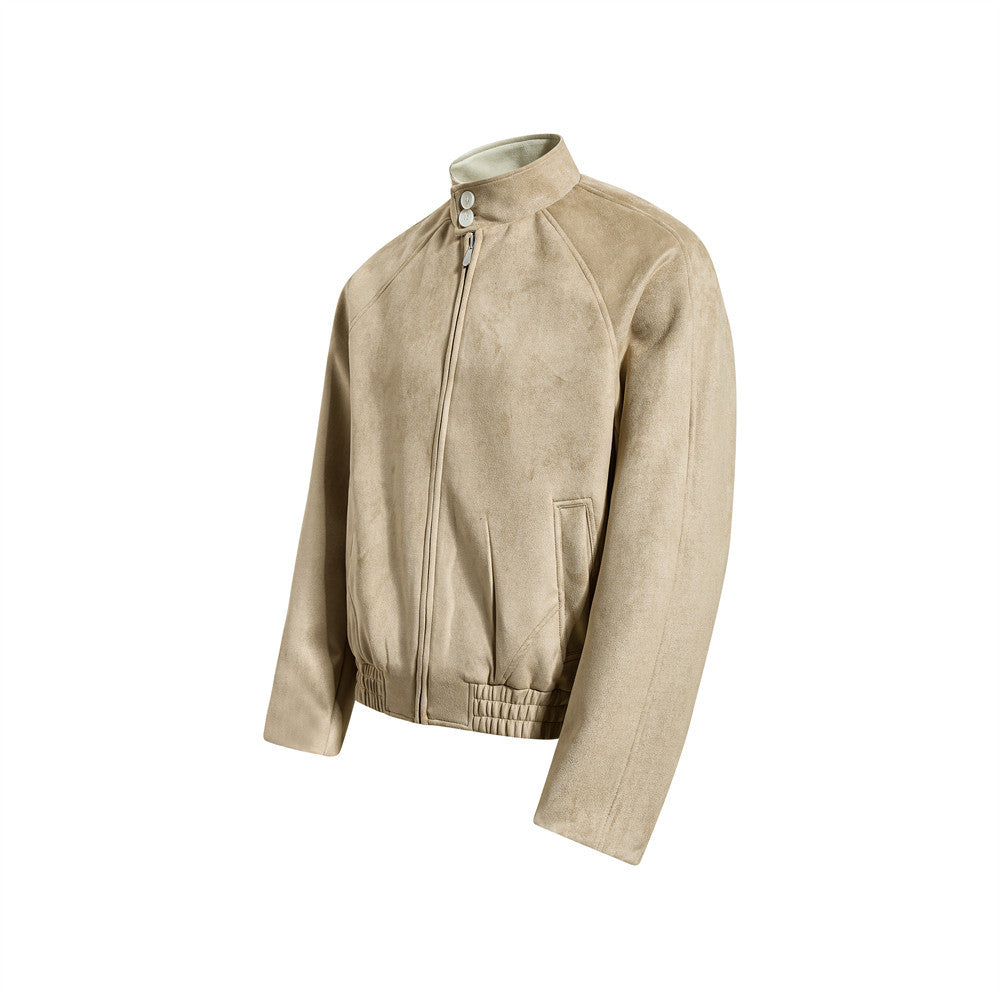 Chaqueta bomber de ante con cuello mao para hombre – Acabado desgastado y corte corto streetwear