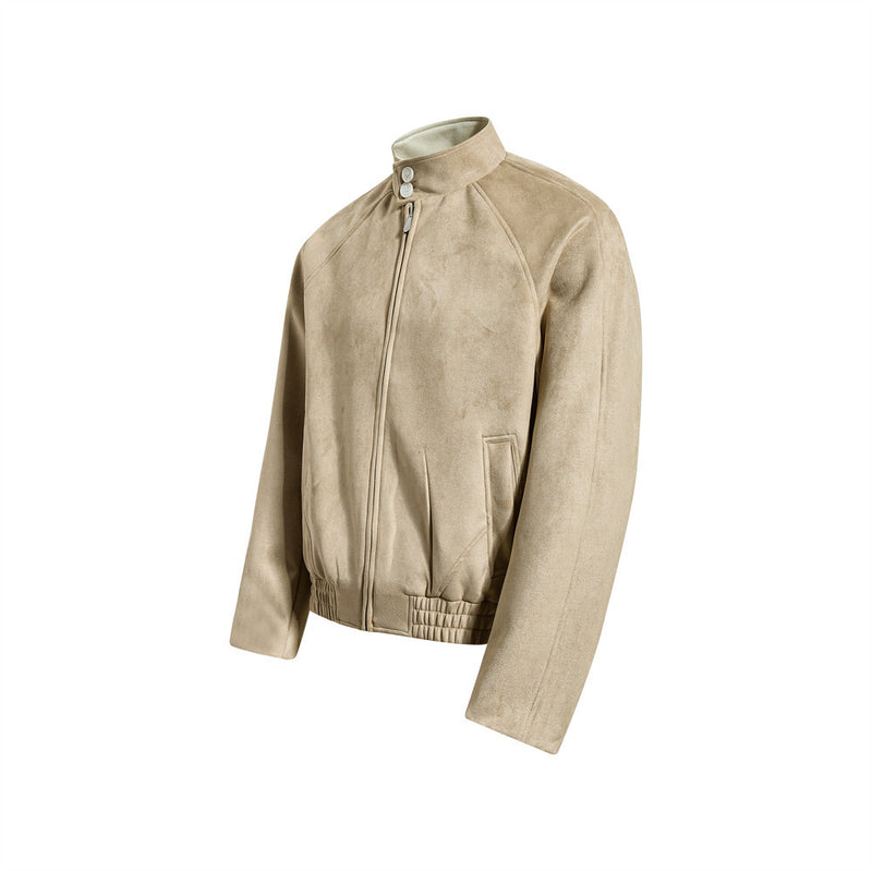 Chaqueta bomber de ante con cuello mao para hombre – Acabado desgastado y corte corto streetwear