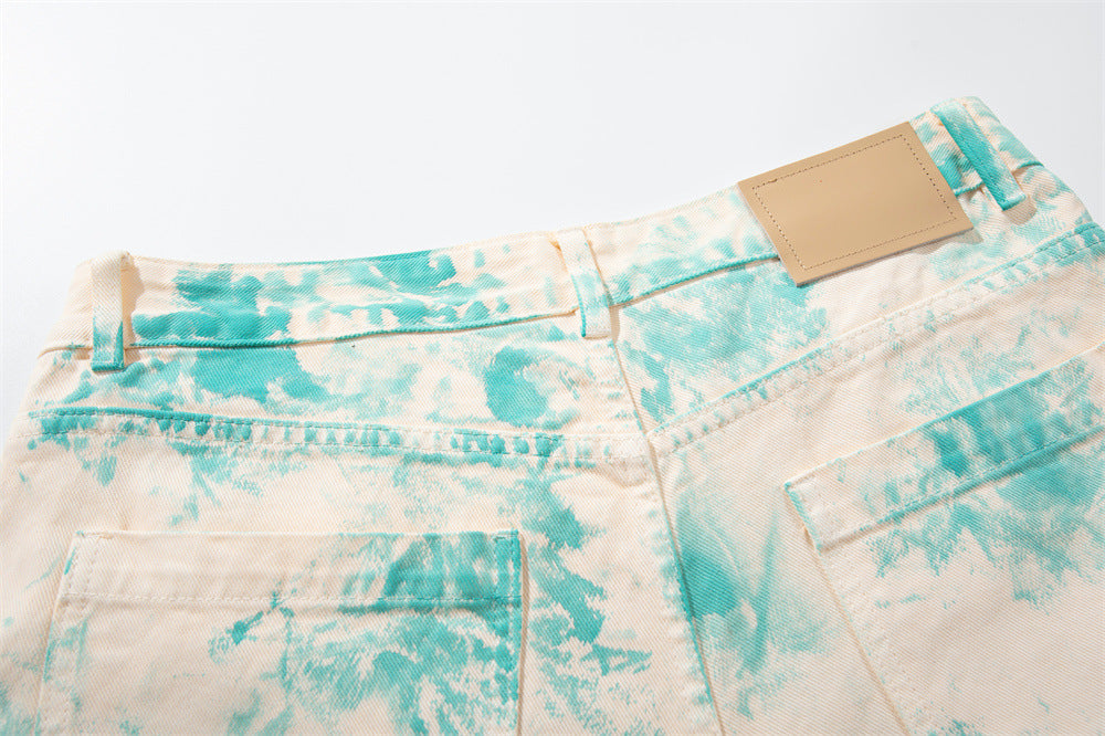 Tie-Dye Wide-Leg Denim Shorts – Loose Fit Cargo-Style Cropped Jeans