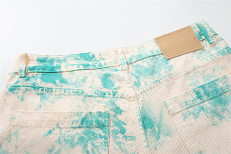Tie-Dye Wide-Leg Denim Shorts – Loose Fit Cargo-Style Cropped Jeans